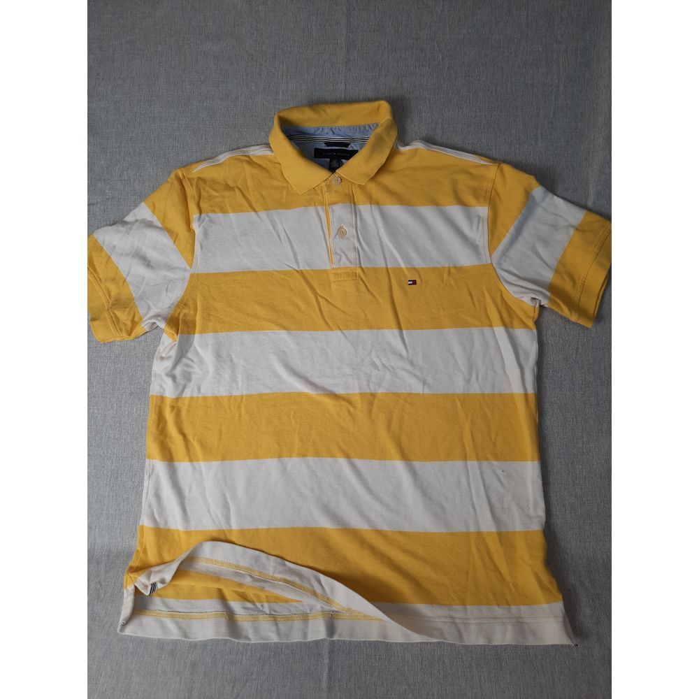 Tommy Hilfiger‎ Men Large Pure Cotton Knit Short Sleeve Stripes Yellow Polo